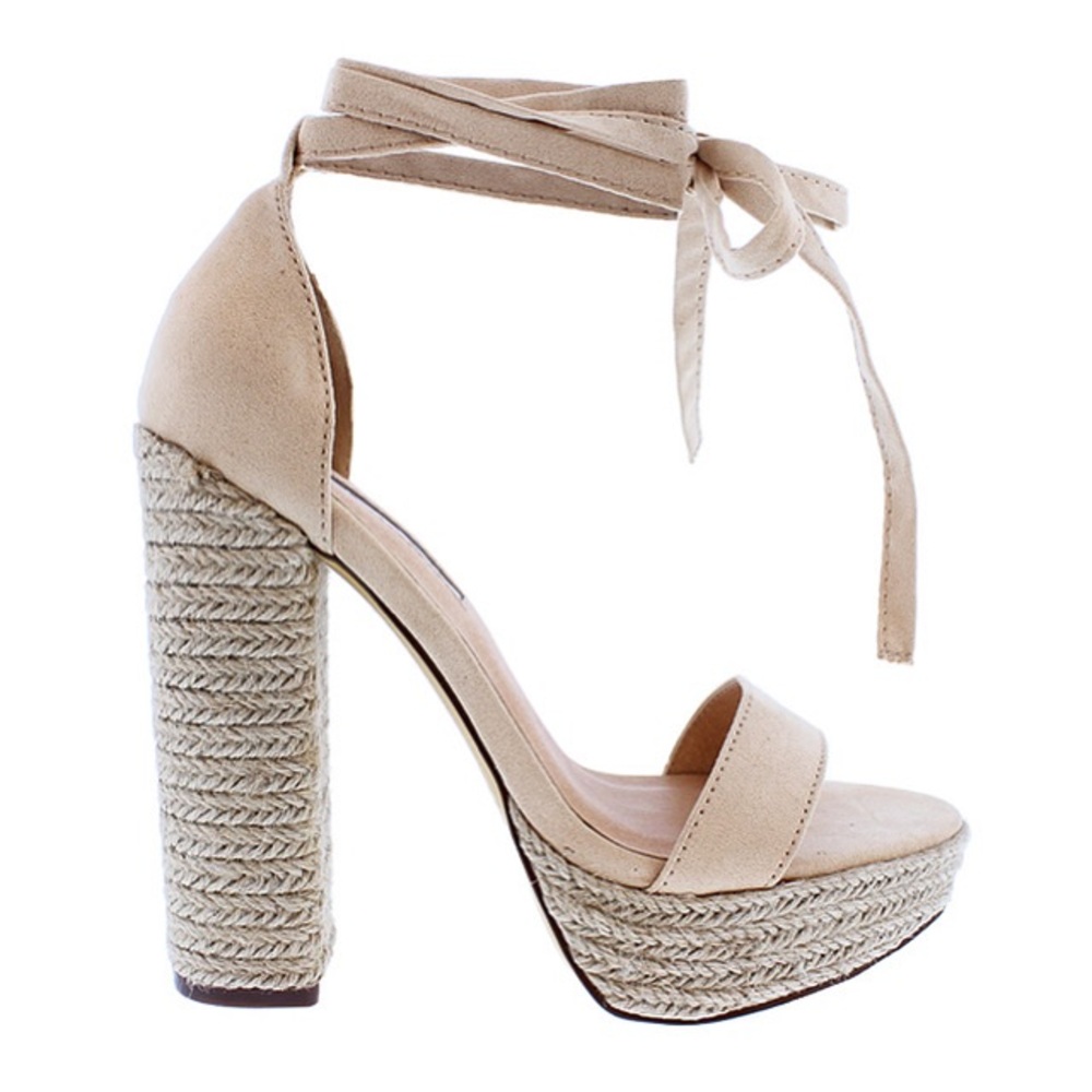 NUDE ESPADRILLE WRAP AROUND PLATFORM CHUNKY HEEL - Picture 3 of 6